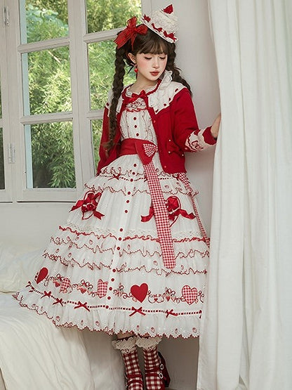 and Lolita Ruffles Applique Sweet White Dress Red Sweetheart with Bows