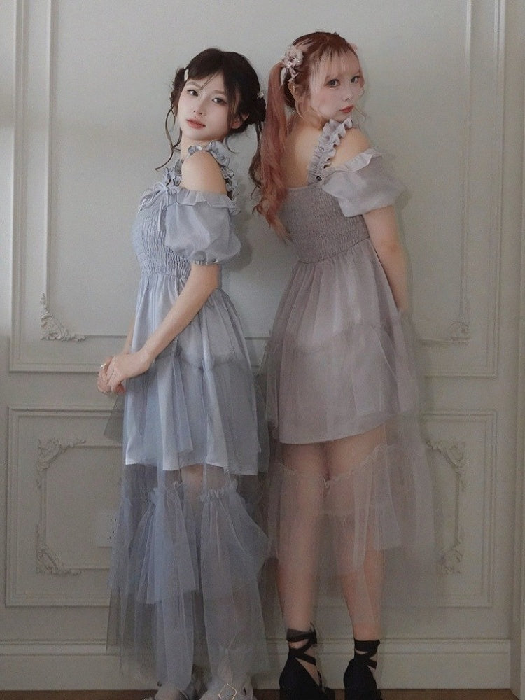 Dusty Blue Puff-Sleeve Dress with Tiered Tulle Hem - Smyster