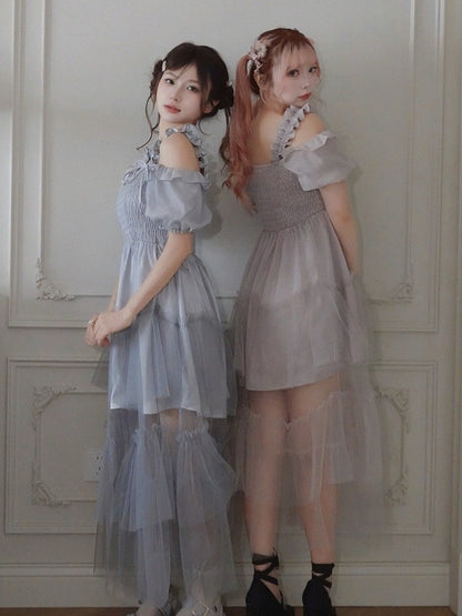 Dusty Blue Puff-Sleeve Dress with Tiered Tulle Hem - Smyster