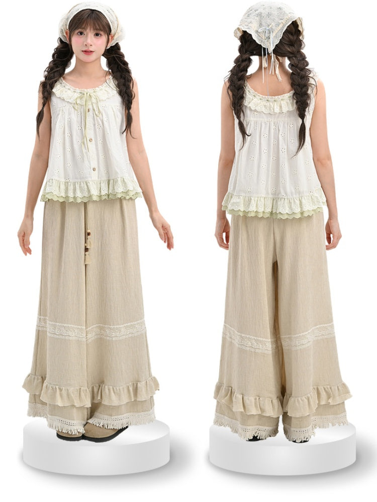 Ruffled Khaki Flax Tassel Cuffs Trim Drawstring Regular/Short Waist Wide-Leg Pants Version