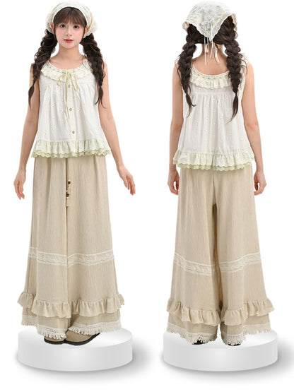Ruffled Khaki Flax Tassel Cuffs Trim Drawstring Regular/Short Waist Wide-Leg Pants Version