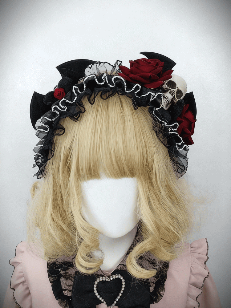 KC Lace + Detachable Black Gothic Skull Red Veil Rose