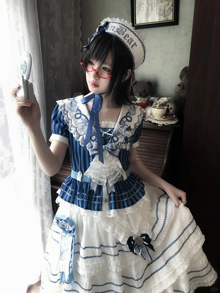 Blue Sailor Bear Embroidered Striped Top with Lace - Twin Bear Original Design