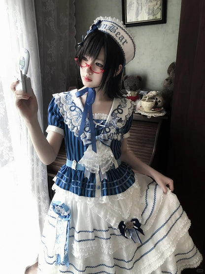 Blue Sailor Bear Embroidered Striped Top with Lace - Twin Bear Original Design