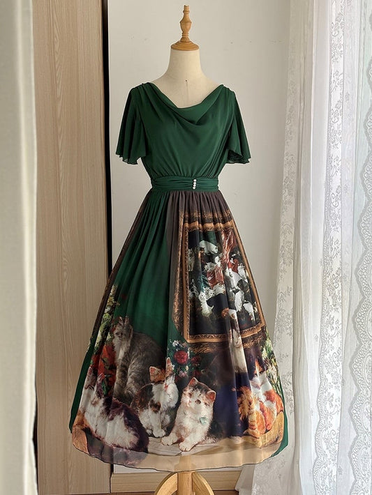 Dark Green Cat Oil Painting Print Butterfly Sleeves Elegant Lolita Maxi Dress with Cowl Neckline