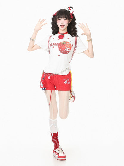 Casual Kawaii Red Letter Print Drawstring Shorts - Languid Park