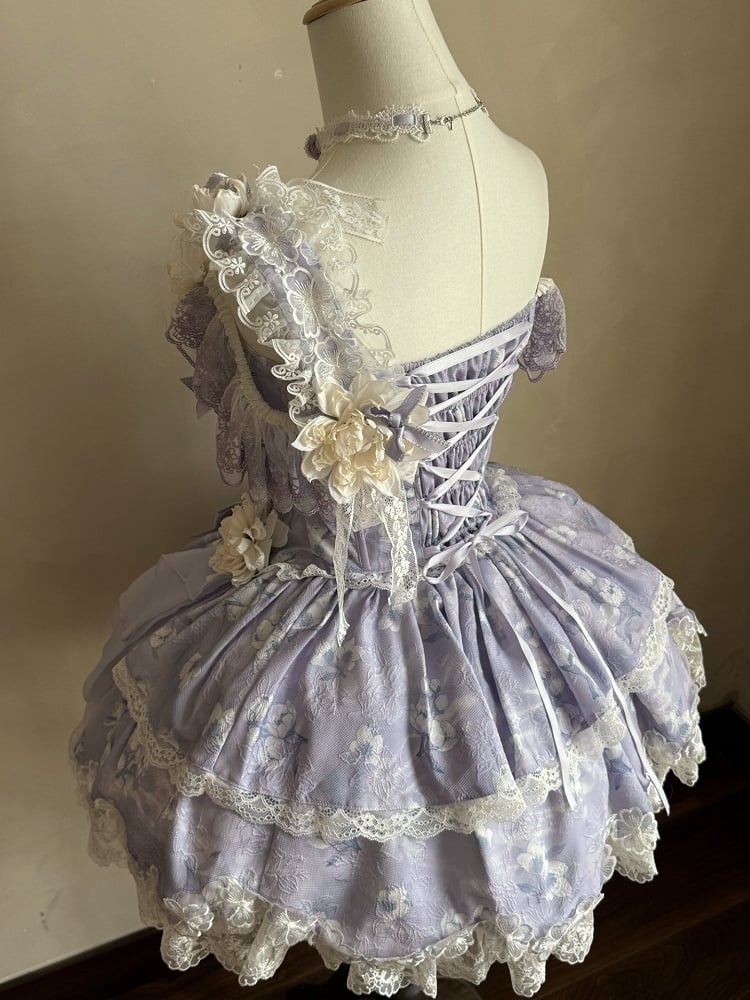 Version with Corset Purple Top Floral Frog Skirt Buttons Lolita Jasmine-Embellished Print Short +
