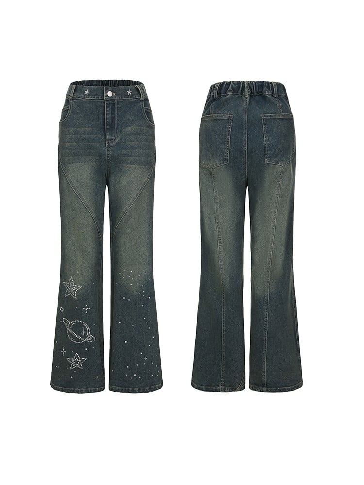 with Motifs Plus Jeans Star Rhinestone Size Blue Y2K Flared Planet