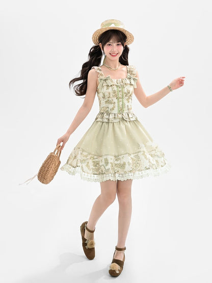 取り外し可能な蝶結び付きグリーンヴィンテージグレーププリントノースリーブトップスライト