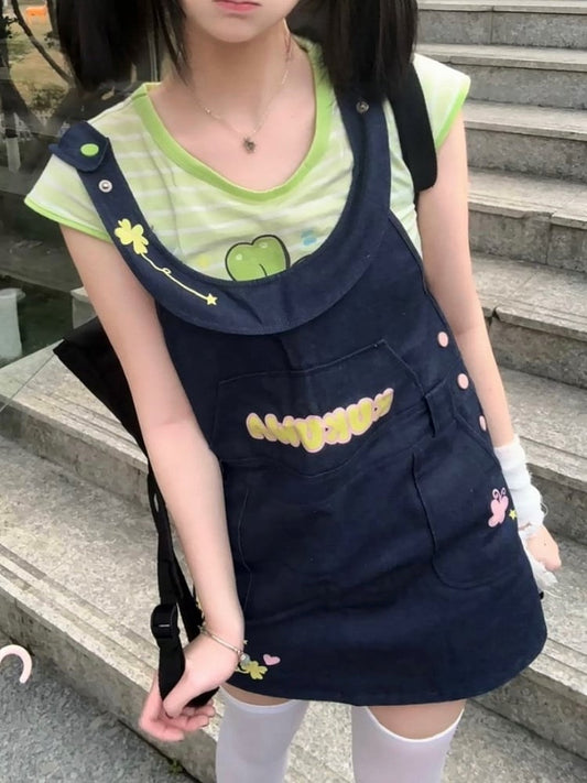 Closure Denim Back Daily Dress Shoulder with Zipper Straps Overall Snap-button Kawaii