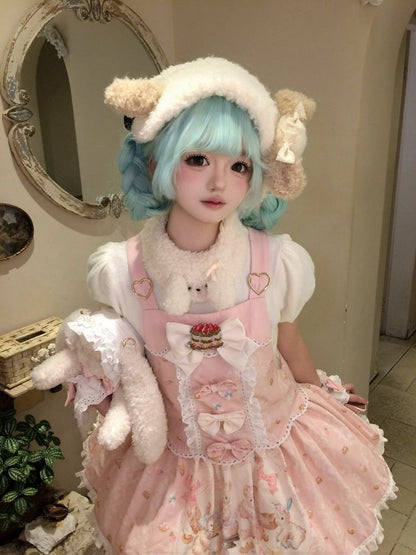 Pink Bear & Strawberry Print Adjustable-Strap Jumper Dress - Honey Village