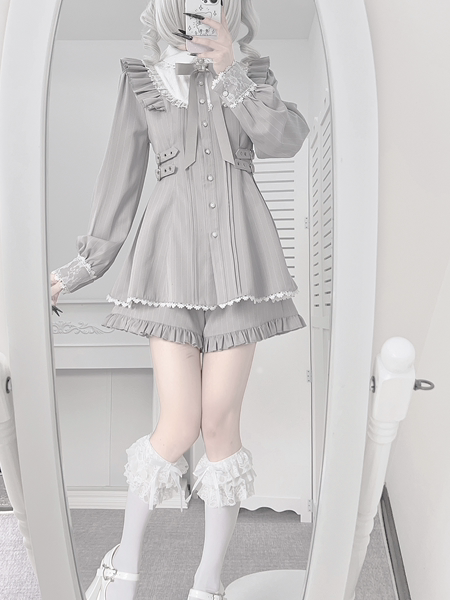 Matching Gray Kei + Bow Set Shorts Lace Long-Sleeve Light Dress Jirai Ruffle
