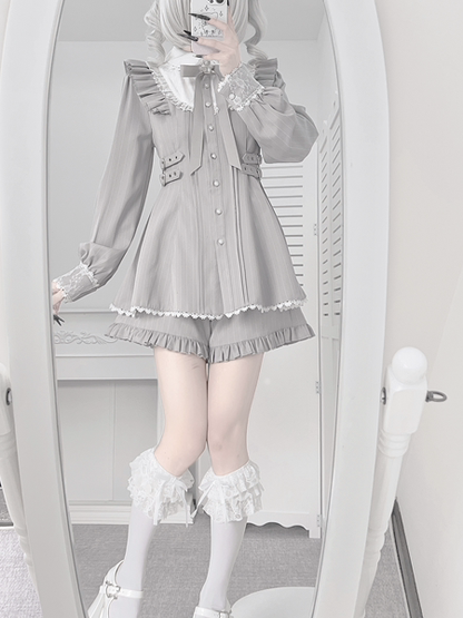 Matching Gray Kei + Bow Set Shorts Lace Long-Sleeve Light Dress Jirai Ruffle