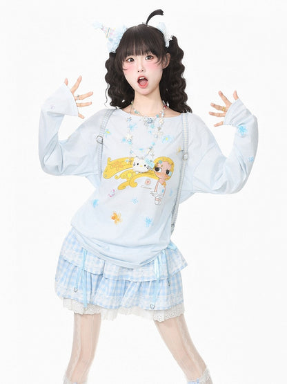 Blue Breathable Long Sleeve Top with Cartoon Girl Print - Languid Park