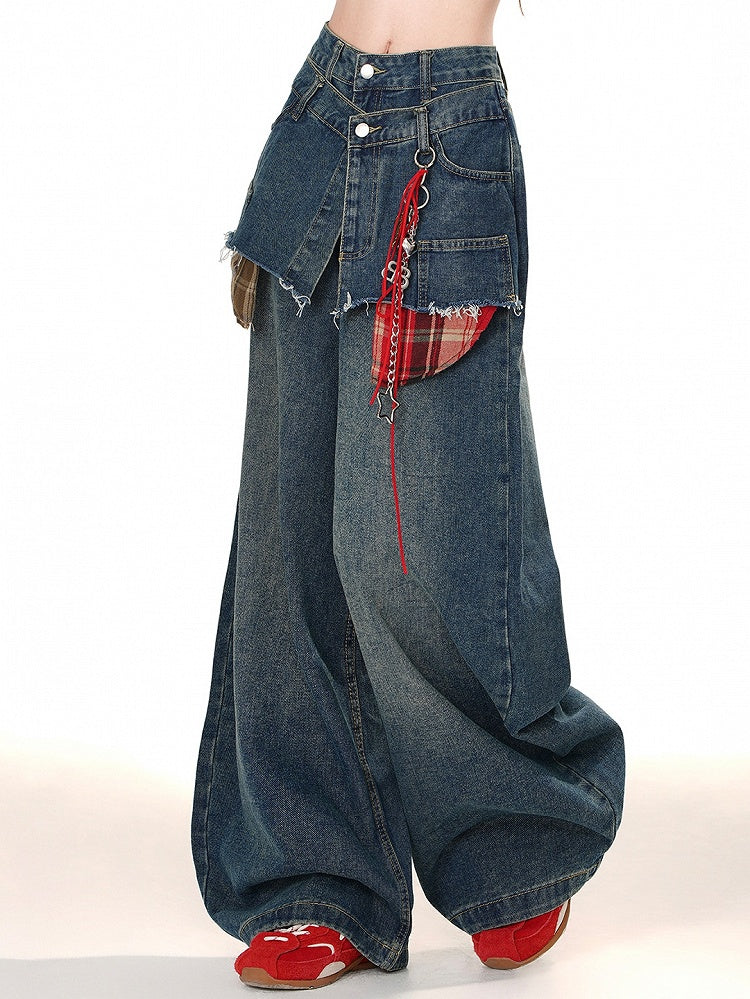 Blaue Jeans mit weitem Bein und Fake-Zweiteiler-Design