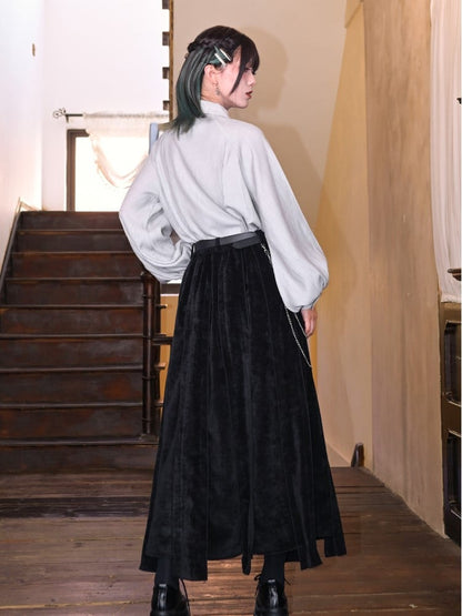 Bronze Skirt Maxi Ribbon + Patchwork Chain Detachable Iregular Hem Waist Black Cheongsam with Embroidered