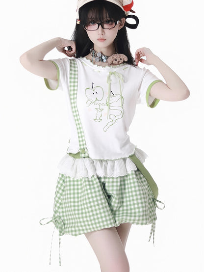 Bubble Shorts Green Plaid Overalls Detachable Straps Shoulder
