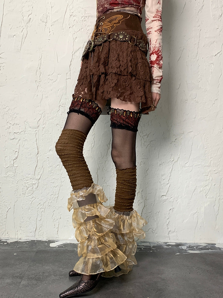 Punk Lace Sleeves Brown Leg Trim Wasteland Multi-layered