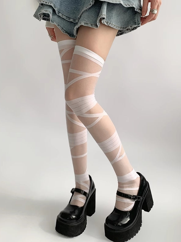 Y2K Overknee Grau/Weiß/Schwarz/Beige Strümpfe Crisscorss Banded
