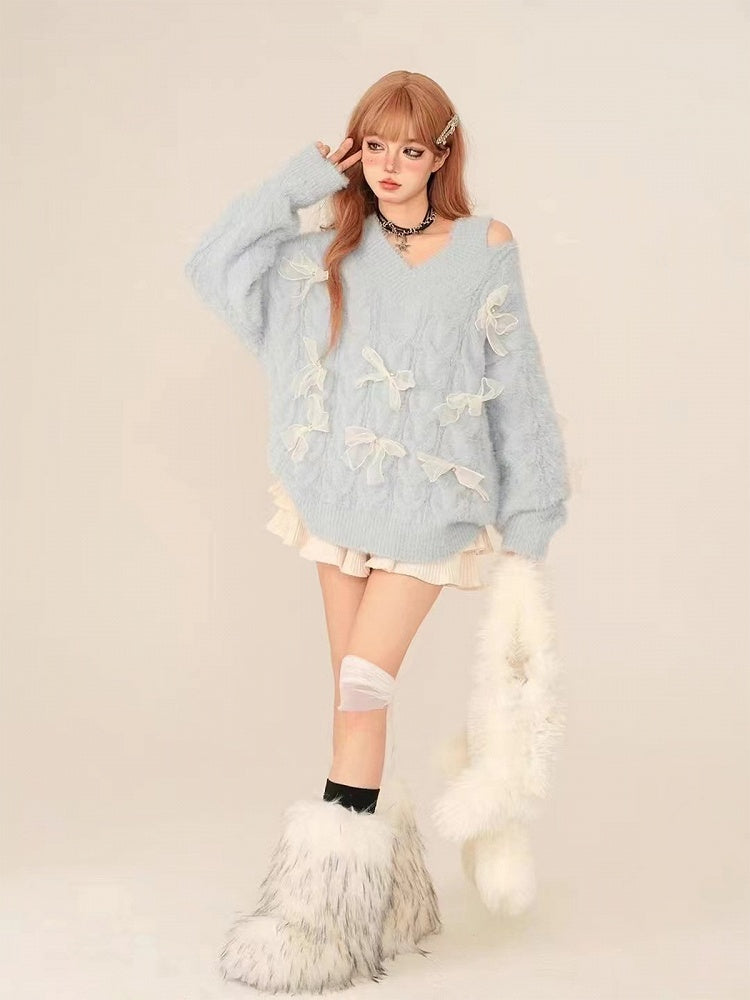Blue V-Neck Sweater with Cutout White Bow Accents Shoulder