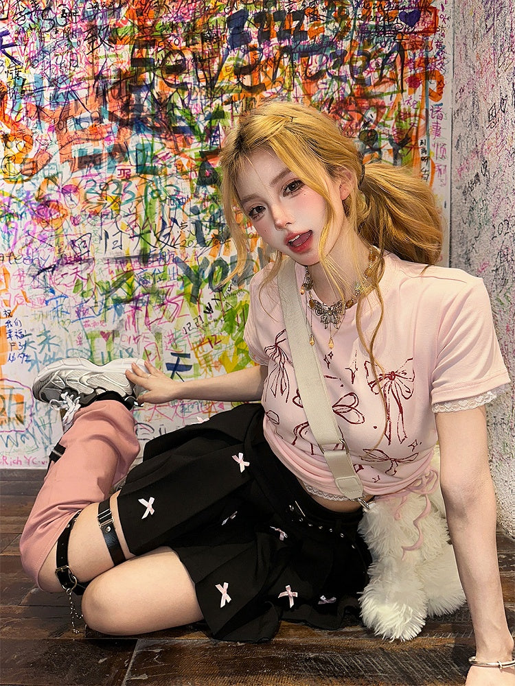 Waist Drawstrings Pink T-shirt with Lace Trim and Bow Print