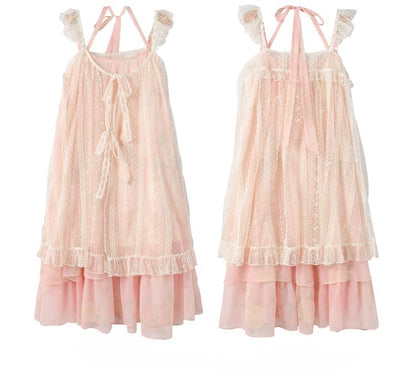 Ärmel Hals Stufenrock Polka-Dot Kleid + Flatter-Überkleid Yume Kawaii Pink Set - Neckholder Zweiteiler