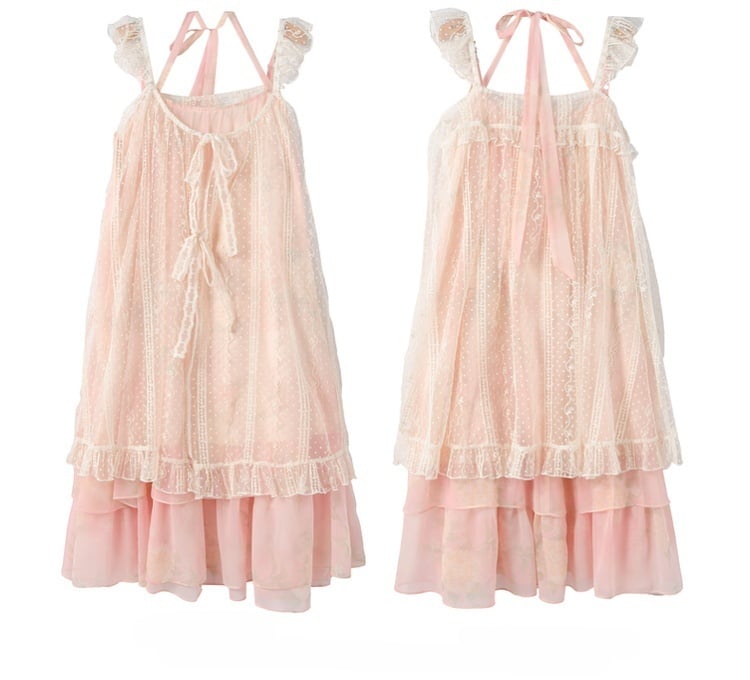 Slip Overdress Dress+Flutter Sleeves Neck Tiered Two-pieces Skirt Polka-dot Yume Kawaii Pink Set-	Halter
