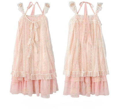 Slip Overdress Dress+Flutter Sleeves Neck Tiered Two-pieces Skirt Polka-dot Yume Kawaii Pink Set-	Halter
