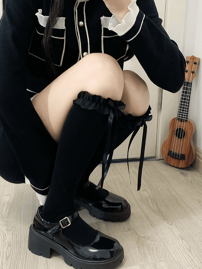 Milk White/Black Sweet Lolita Lace Trim Underknee Stockings