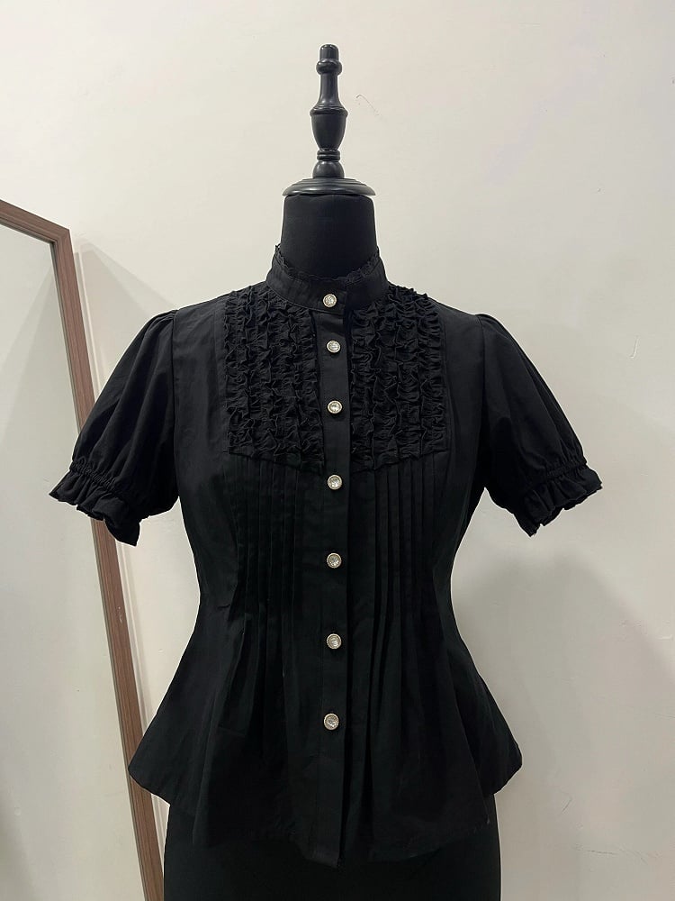 and Ruffle Sleeves Short Pleating Lolita with Front Blouse Black