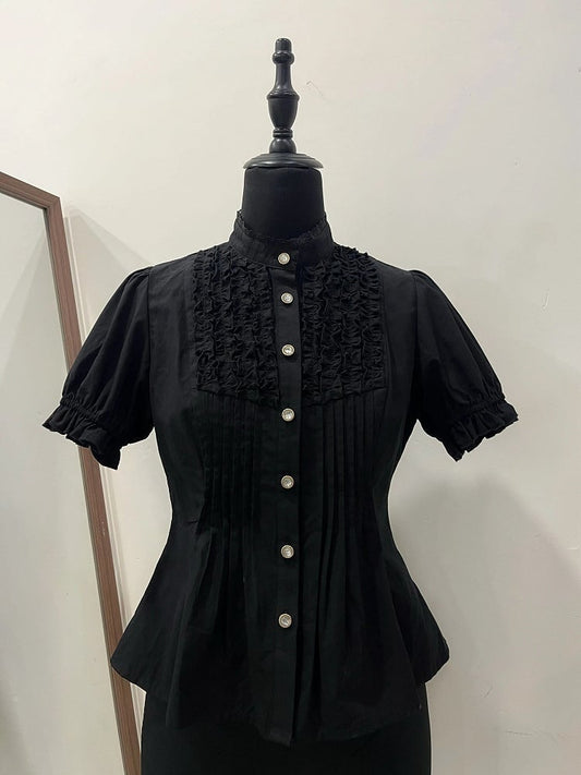 and Ruffle Sleeves Short Pleating Lolita with Front Blouse Black