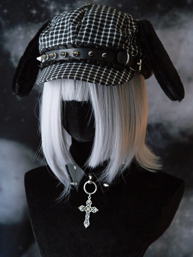 Verzierte Welpen Baskenmütze Hut Nieten Design Plüsch Ohr Schnalle Schwarz Gothic