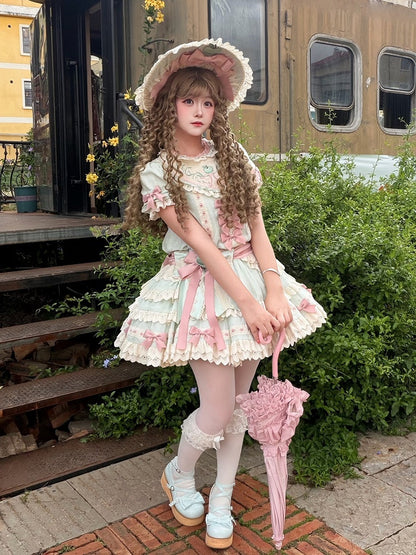 Mint Green Round Neck Short Sleeve Layered Ruffle Lolita OP with Apple Embroidery - Yinying Lolita