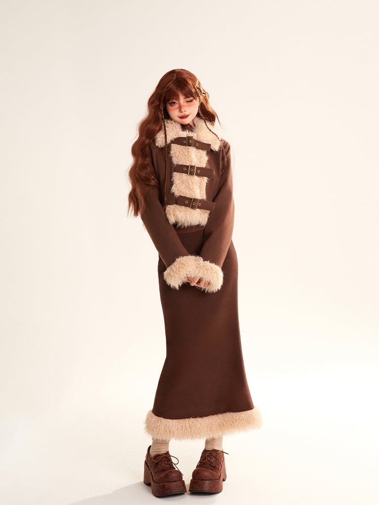 Coffee Zipped Buckle Trimmed Coat Pencil Skirt Straps Faux with Set Crop Fur