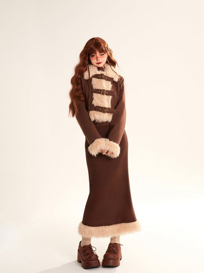 Coffee Zipped Buckle Trimmed Coat Pencil Skirt Straps Faux with Set Crop Fur