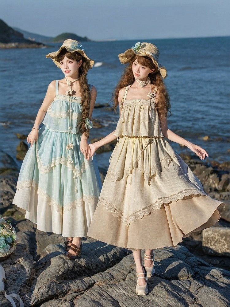 Beige Lace Top & Skirt Set with Brooch & Hat - With PUJI