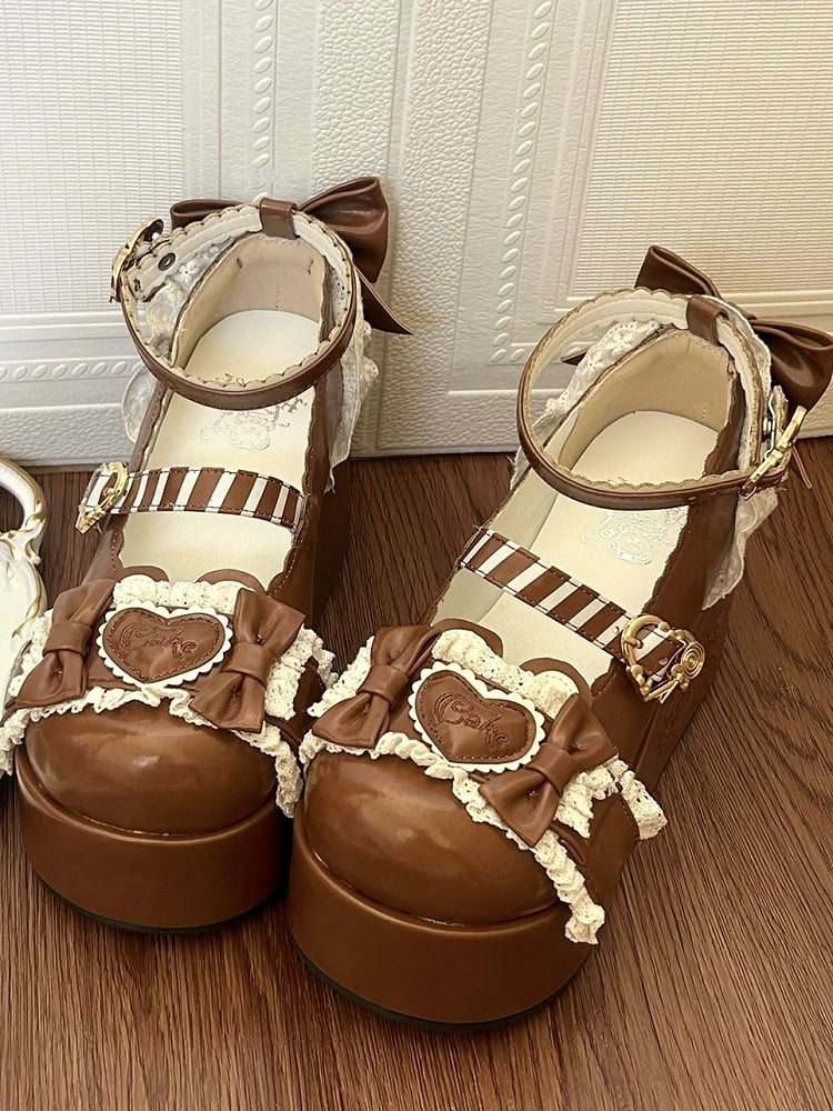 Sweet Lolita Trim Brown Teddy Bear Lace Shoes Themed Platform with