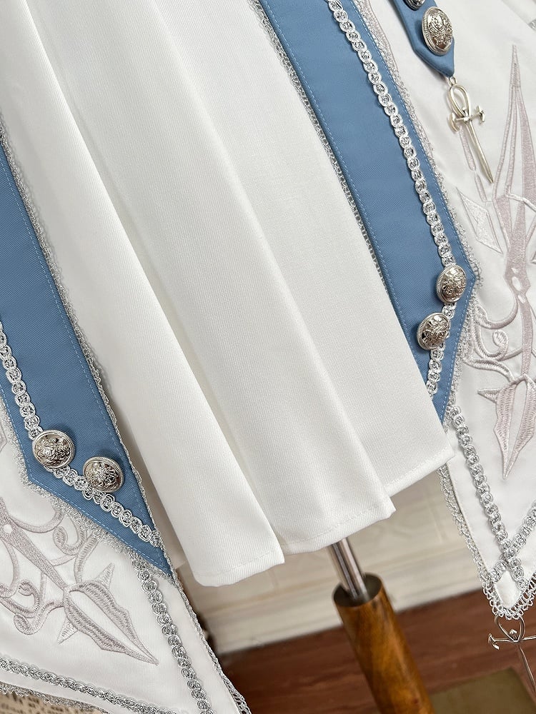 White and Blue Military Lolita Outfit Long Sleeves Top + Corset Belt High Waist Skirt