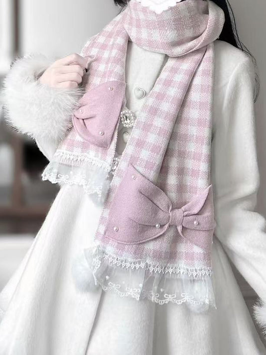 Bowknots Pink Trim Jirai with Kei Beaded Lace Pompons White Plaid Scarf and