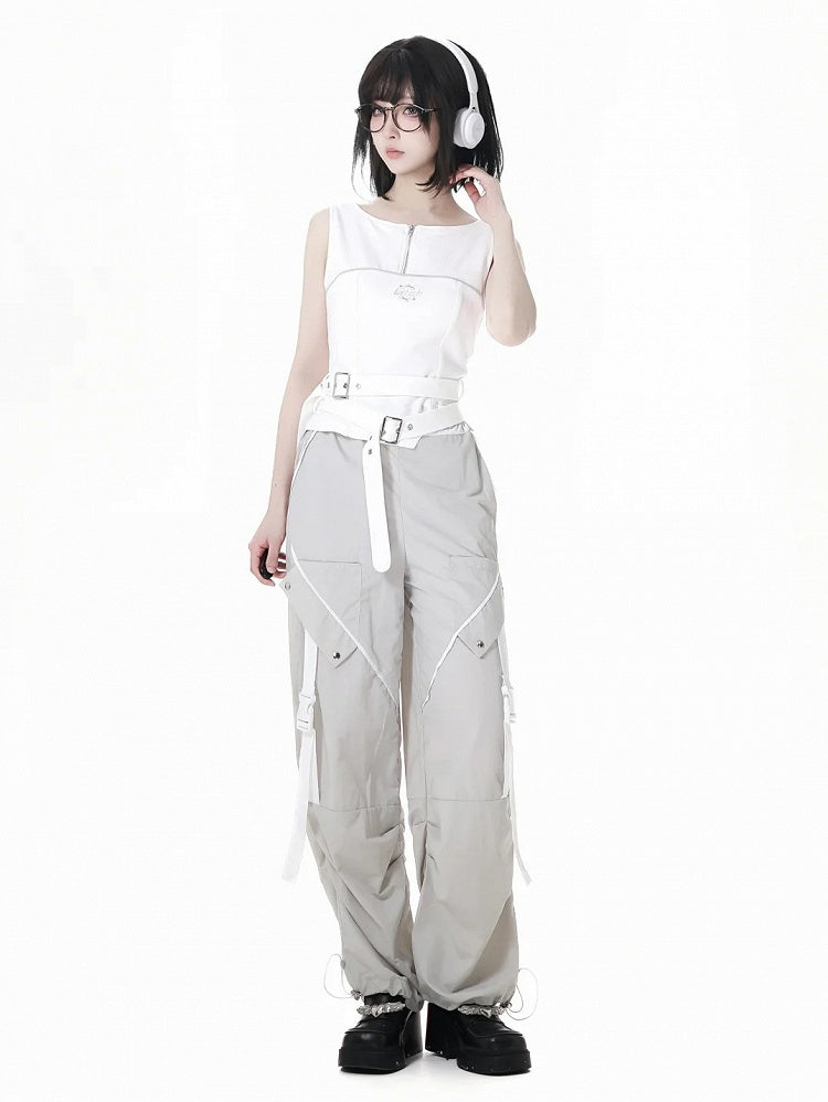 Pants Gray Drawstring Cuffs Snap Details Techwear