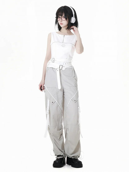 Pants Gray Drawstring Cuffs Snap Details Techwear