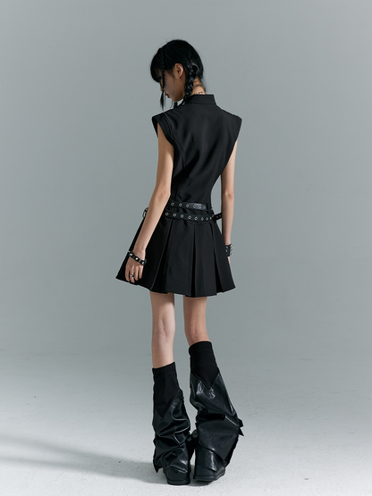 Schwarzes Cheongsam-A-Linien-Punkkleid mit Metallakzenten und Ausschnitt