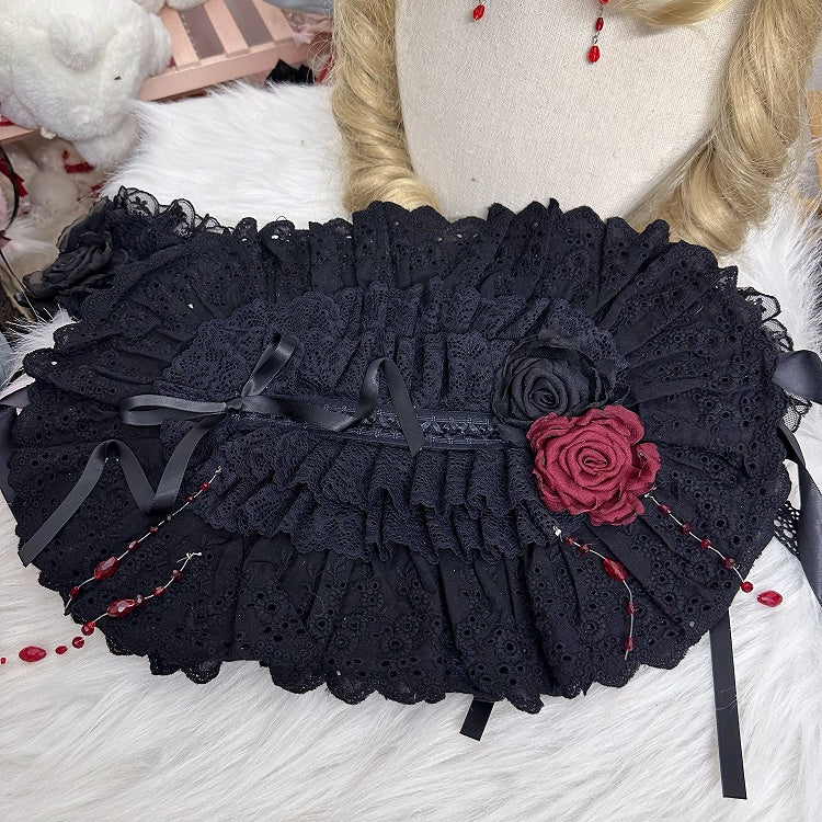 Lolita Bonnet Lace Black Gothic Bead Trim Rose Red