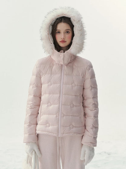 Hood Quilted Jacket Floral Plush with Pink Down Embossed Pattern Trim