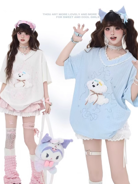 V-Neck Plush Puppy Applique Trim Loose T-Shirt Beige/Light Blue Lace