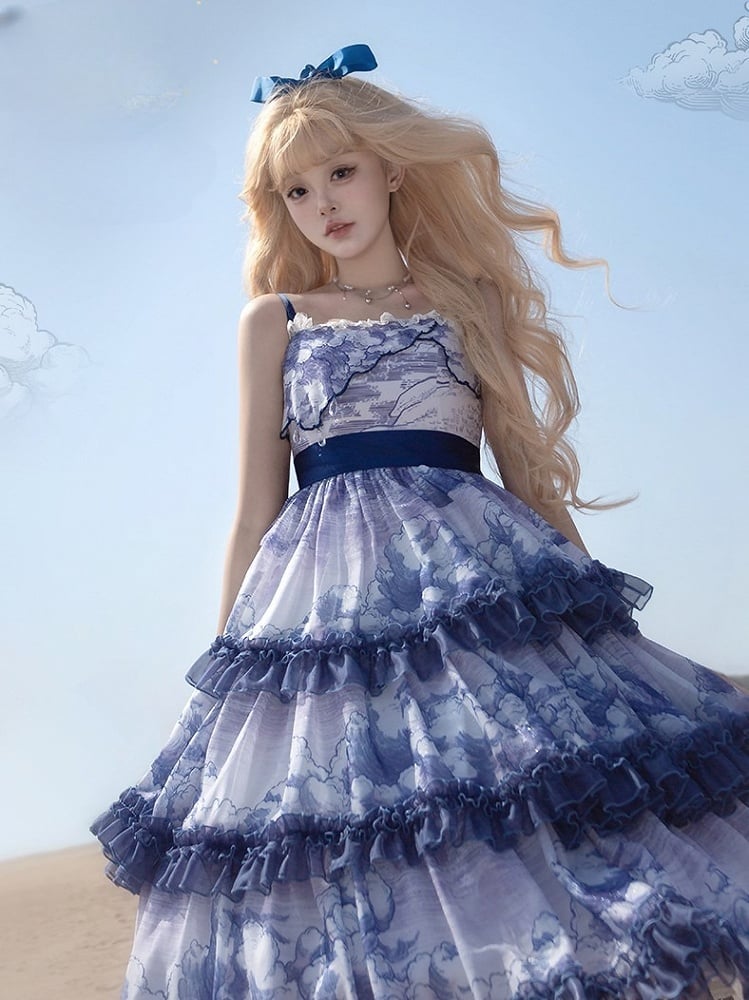 Robe Élégante Imprimé Classique Couches Nuageuses Lolita Volants Bleu Blanc