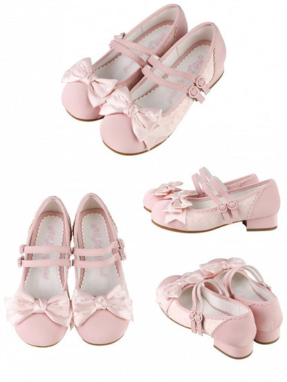 Round Pink Shoes Leather Double Buckle Style Bow for PU with Elegant Design Toe - Lolita
