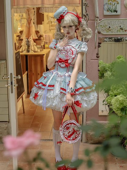 Bubble Appliqué Bodice Heart-Shaped and Cake Red Green Sweet Lolita Overall Dress with