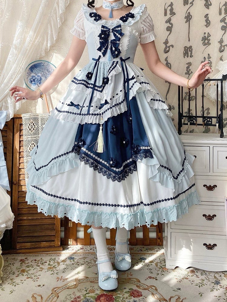 and Floral JSK Dark Lolita Sleeves Dress Embellished Flutter Blue Bow