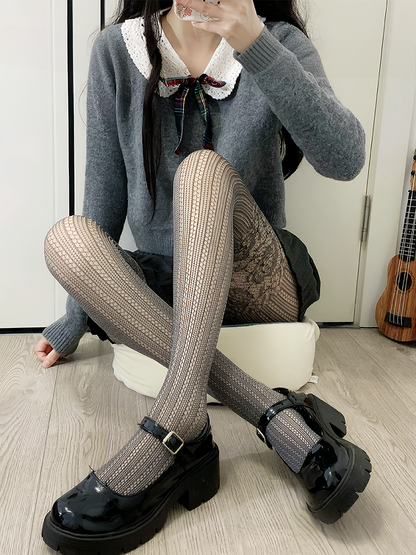 Black Y2K Lace Details Hollow-out Tights